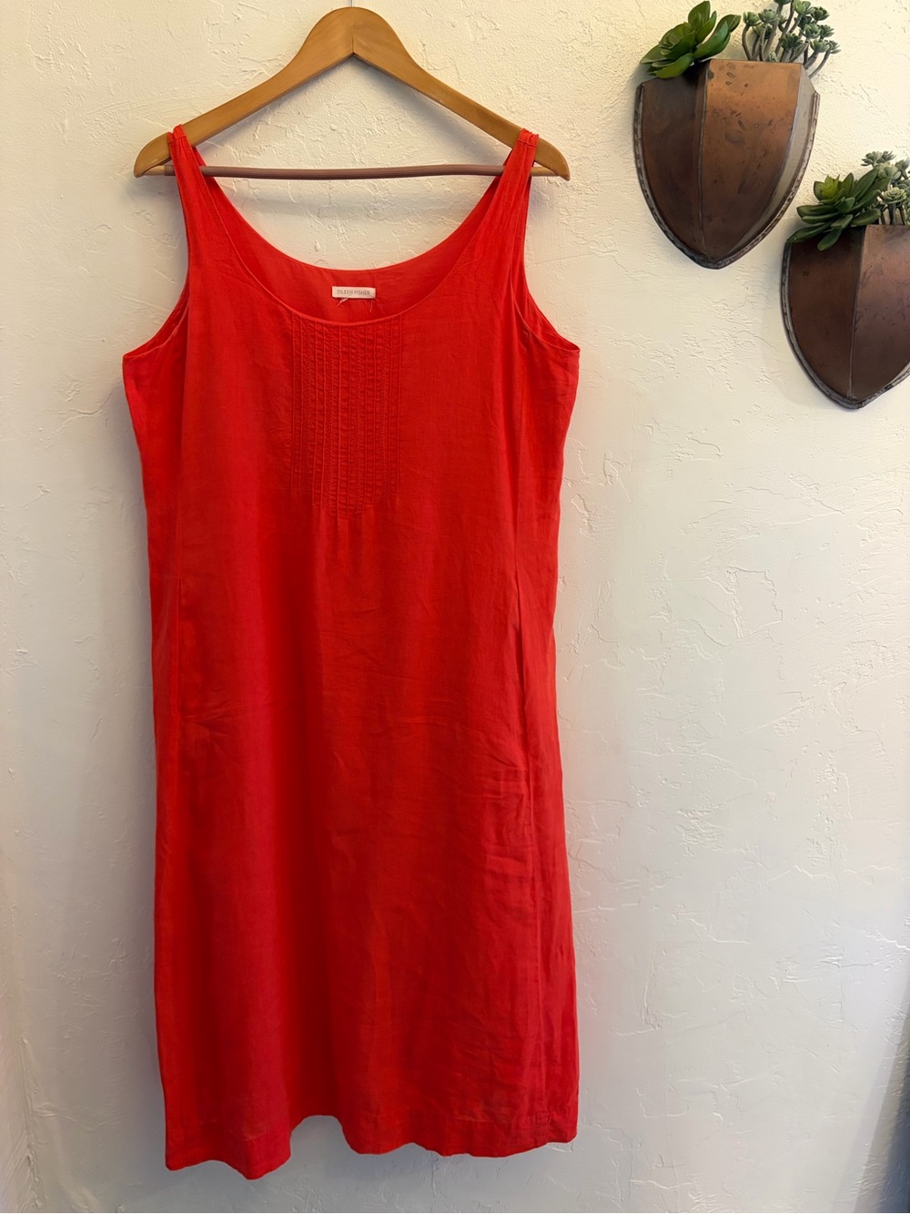 Eileen Fisher tangerine Sleeveless Scoop-Neck Midi Dress linen, L 14-16,